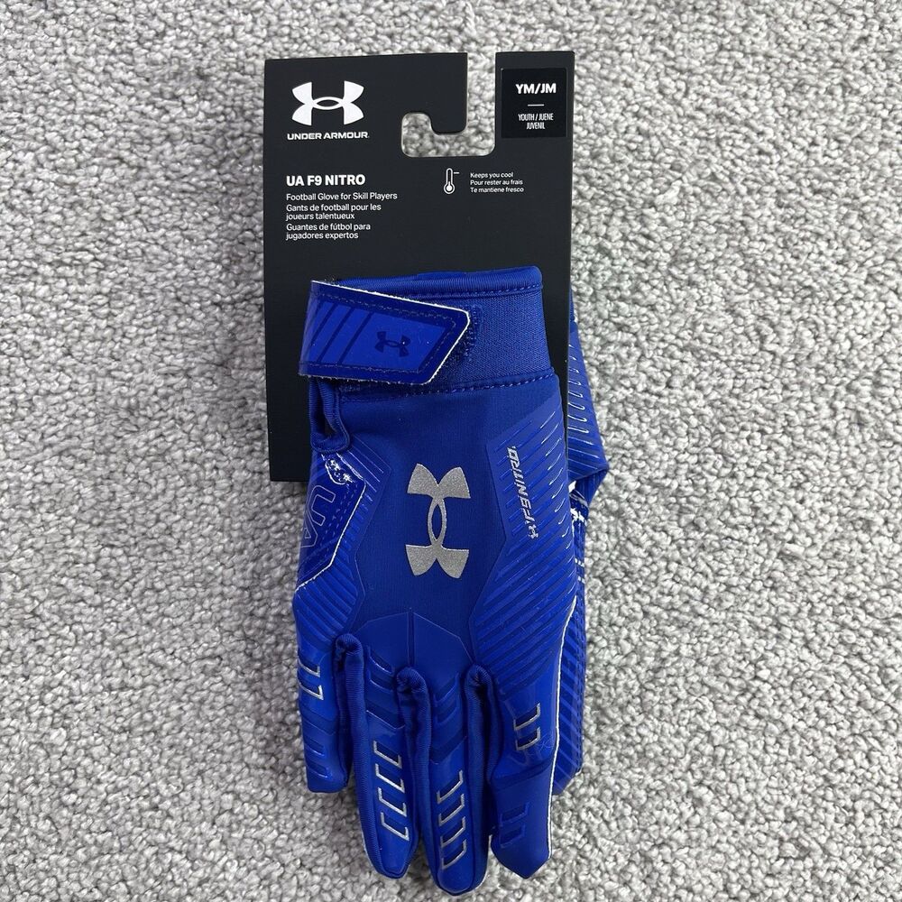 Under Armour UA F9 Nitro Youth Medium Football Receiver Gloves Blue NWT